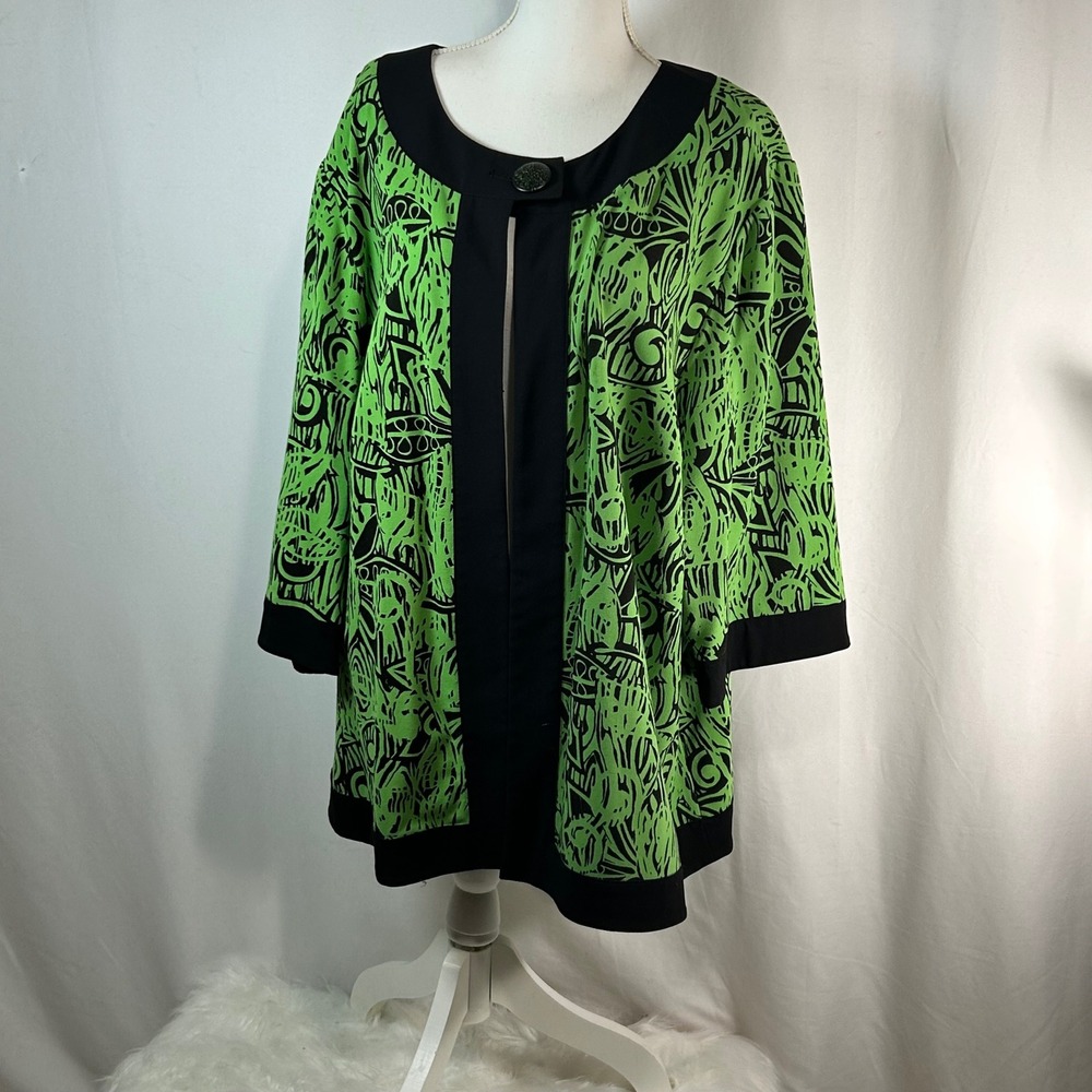 Maggie Barnes Women's 3X Green Black Abstract Open‎ Front Long Sleeve Cardigan